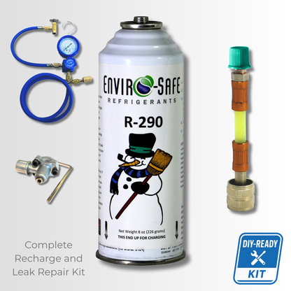 R290 Refrigerant Complete Recharge Kit, Single Manifold Set, 8oz. Can and BPV Included