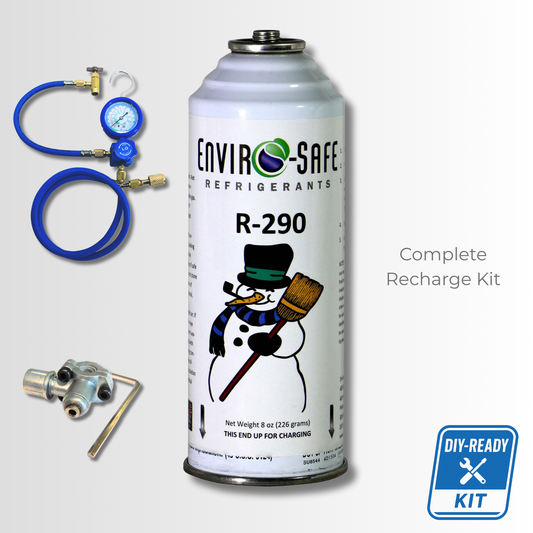 R290 Refrigerant Complete Recharge Kit, Single Manifold Set, 8oz. Can and BPV Included