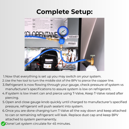 R290 Refrigerant Complete Recharge Kit, Single Manifold Set, 8oz. Can and BPV Included