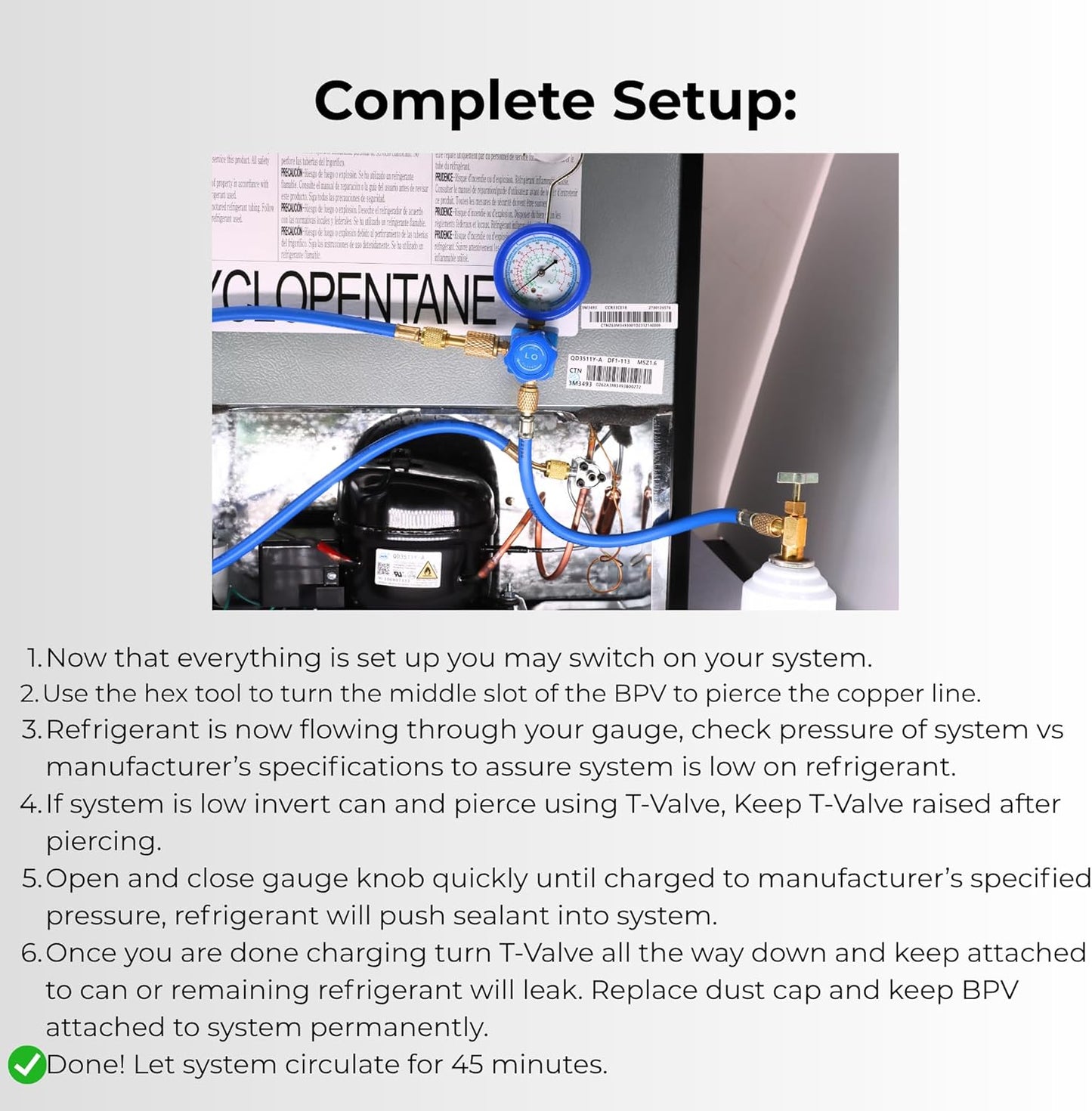 R600A Full Recharge Kit - Refrigerant, Charging Set, and BPV Included